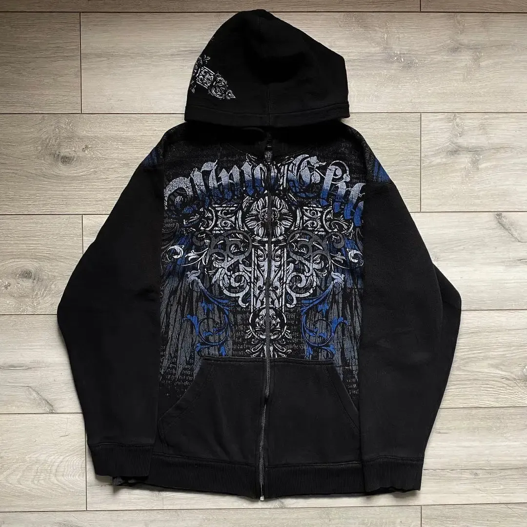 Maxct 90s Streetwear Crew Neck Sweatshirt Men Casual Hoodie High Street Print Design Patterns Suitable for Fall and Summer Gothic Zipper Cardigan