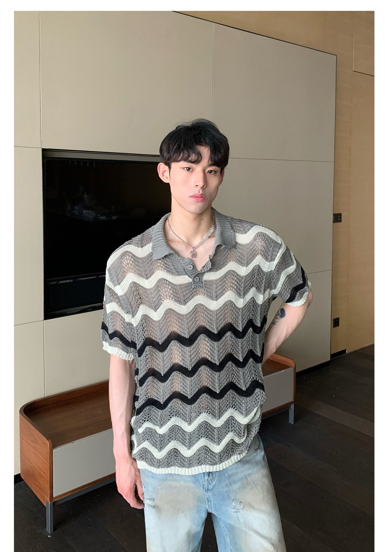 Maxct 90s Streetwear Korean Style Summer High-end Sense Hollow Color Stripe Lap Short-sleeved Niche Design POLO Shirt T-shirt Casual Top