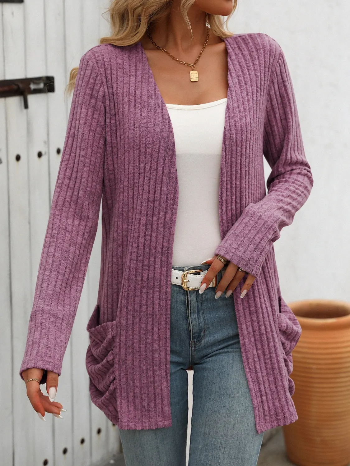 Maxct &Open Front Long Sleeve Ribbed Cardigan