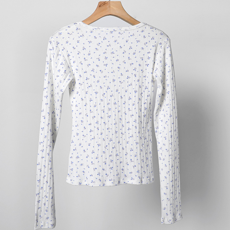 Chic Women Sweet Floral Hollow Out T-shirt Ribbed Cotton Long Sleeve Basic Tees Autumn Button Up Slim Fit Crop Top Clothes