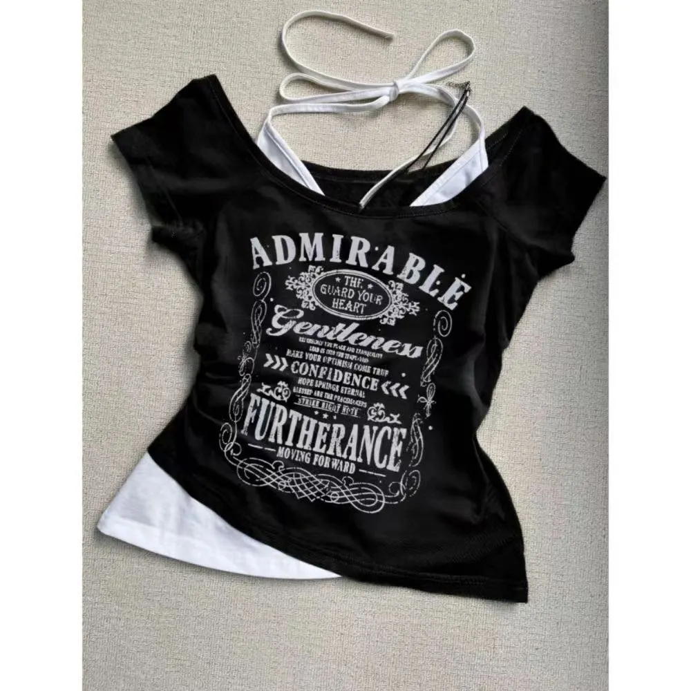 Maxct Retro Streetwear Y2K Letter Print T-Shirt Women Fashion Street Millennial Trend One Neck Spice Girl Slim Harajuku Casual Top