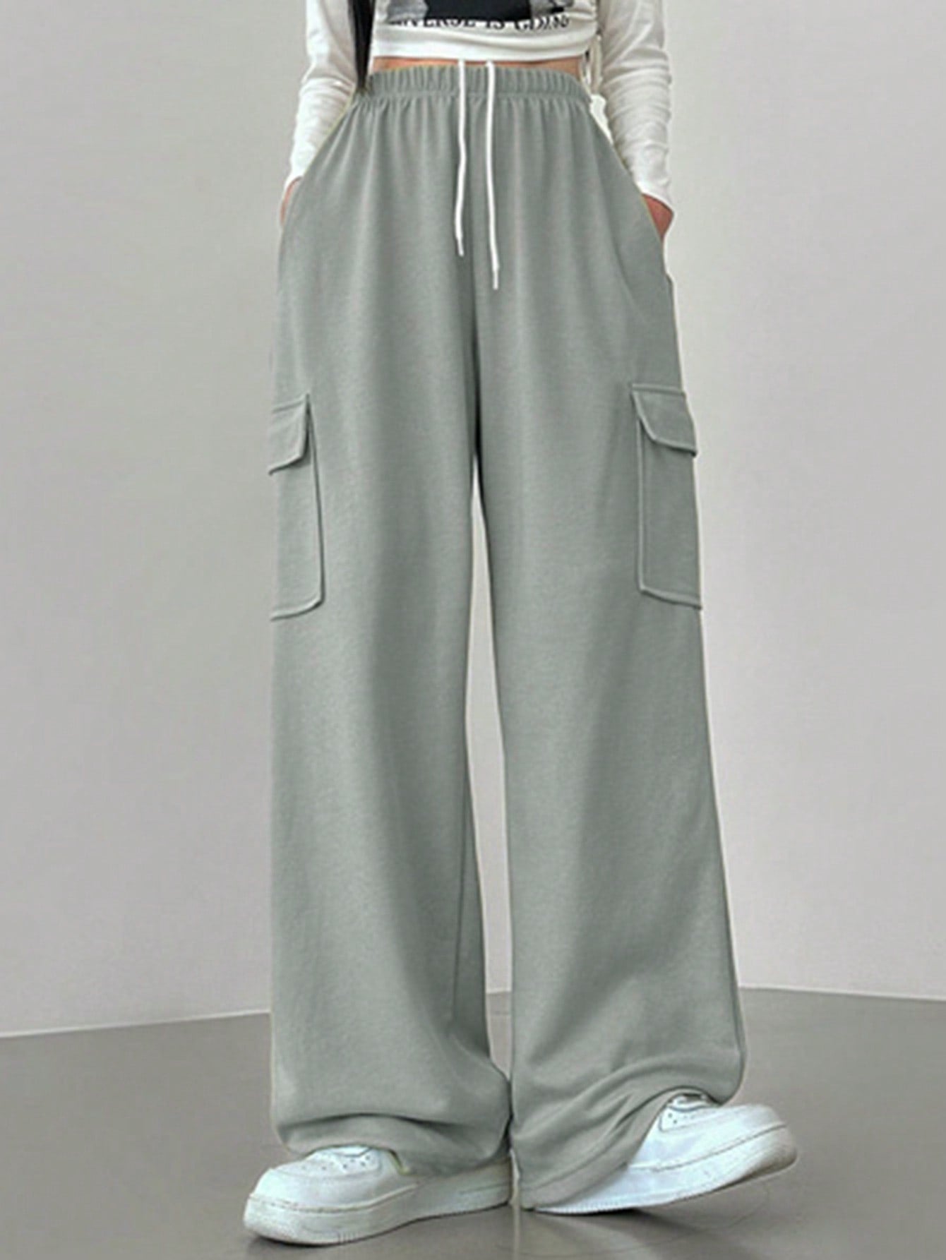 Maxct Casual Solid Color Drawstring Wide Leg Sweatpants With Pockets