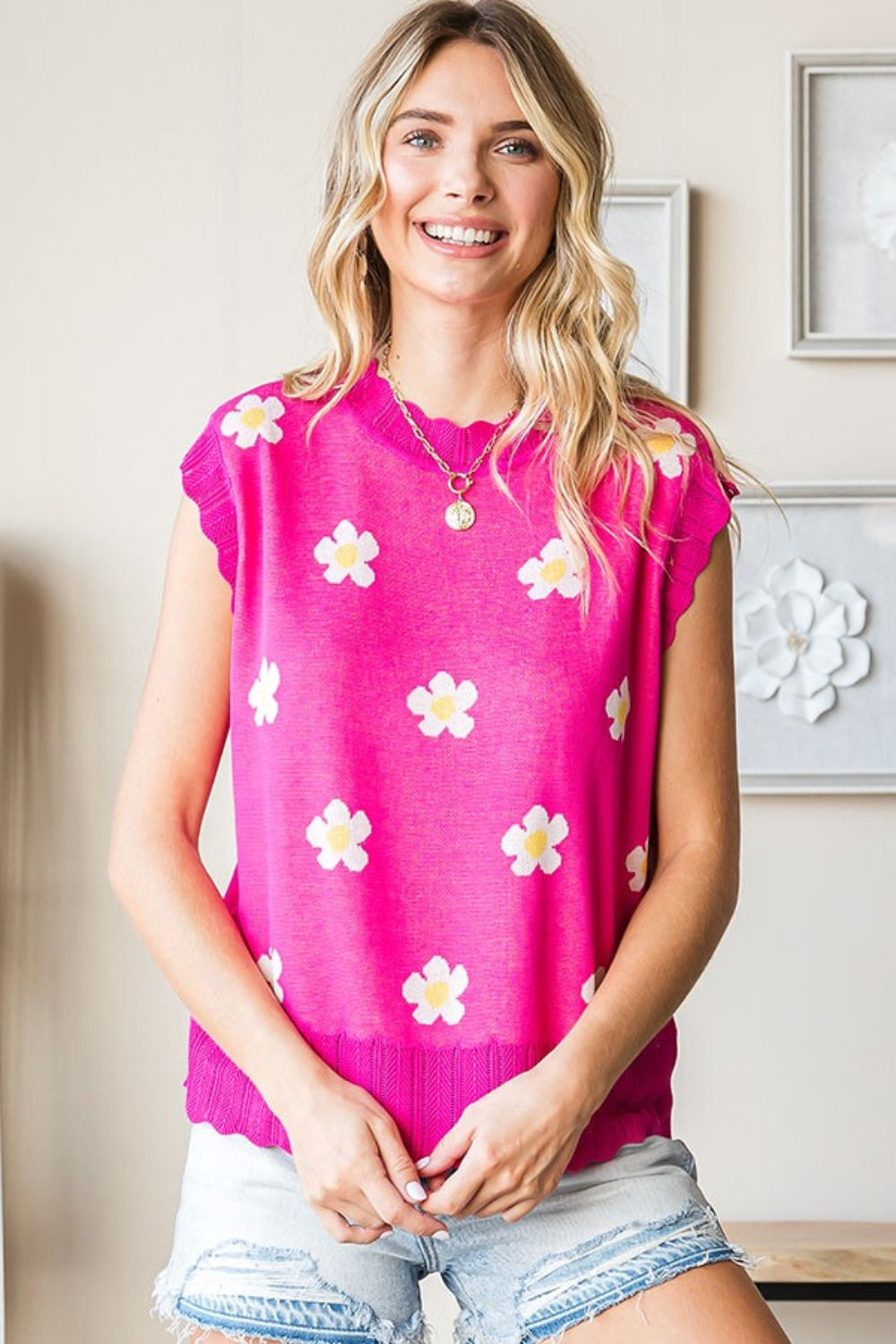 Maxct &First Love Full Size Flower Pattern Round Neck Sweater Vest