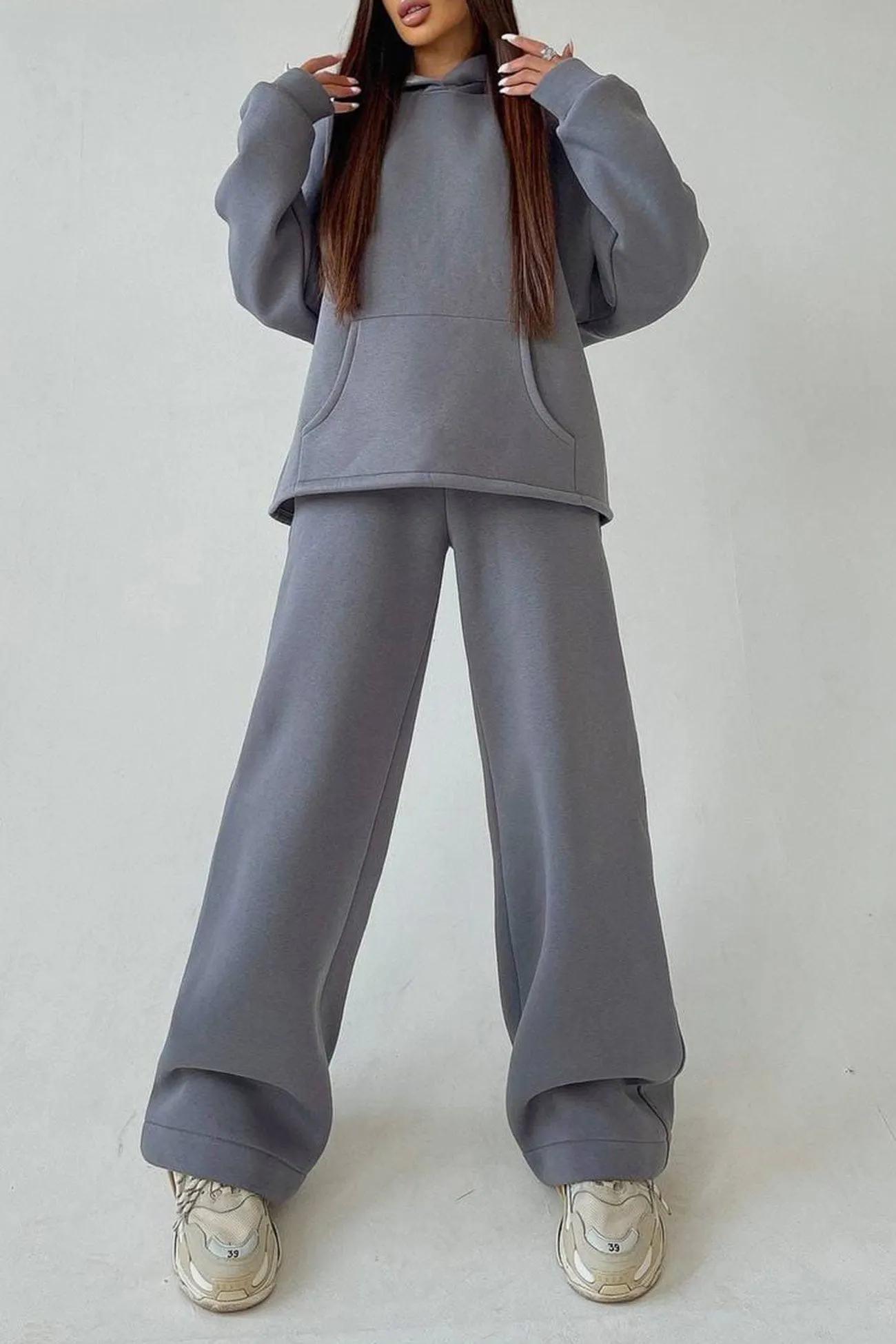 Maxct-Solid Hoodie Wide Leg Long Pants Suits