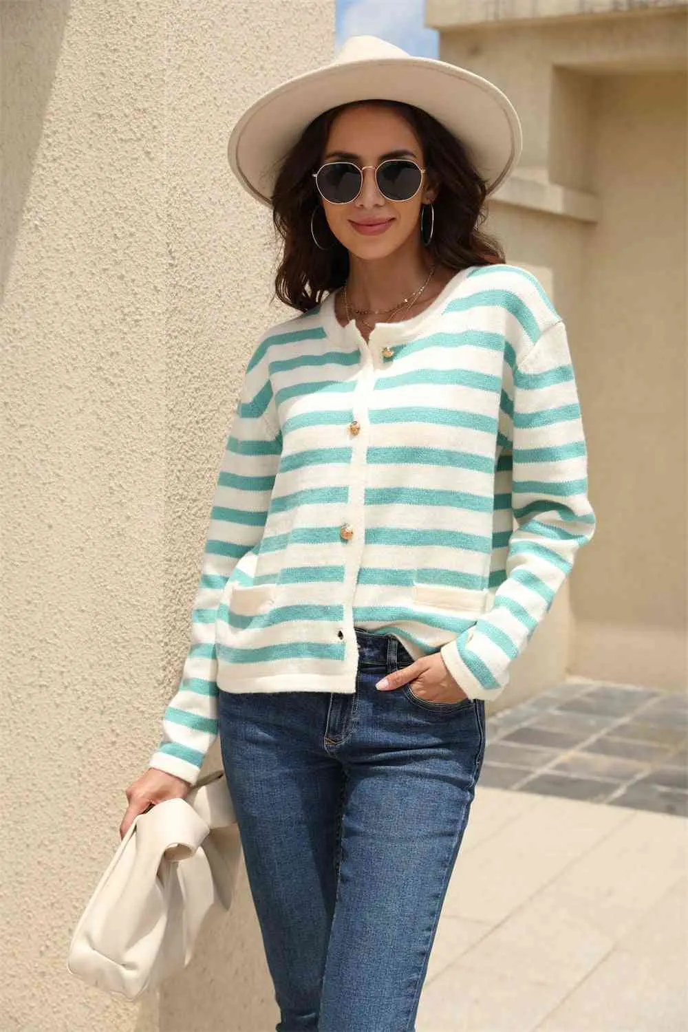 Maxct &Striped Round Neck Button-Down Dropped Shoulder Cardigan