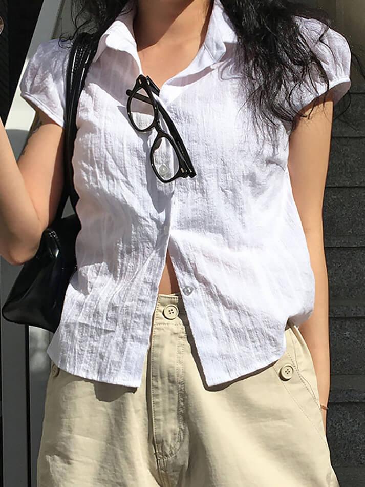 Maxct Solid Color Ribbed Bubble Sleeve Shirts