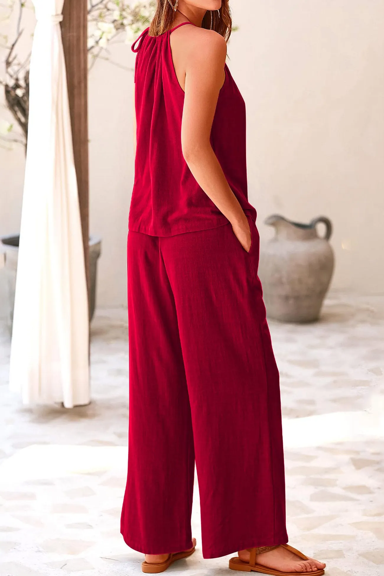 Maxct Cotton Linen Tie-up Tank Pants Suits