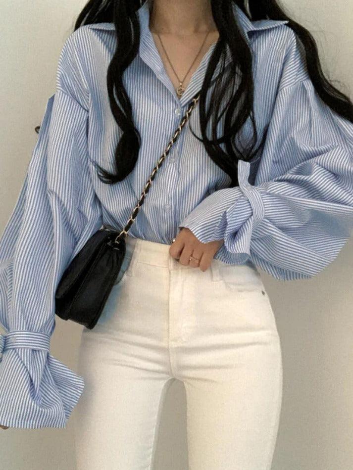 Maxct Stripe Lantern Sleeve Long Sleeve Blouse