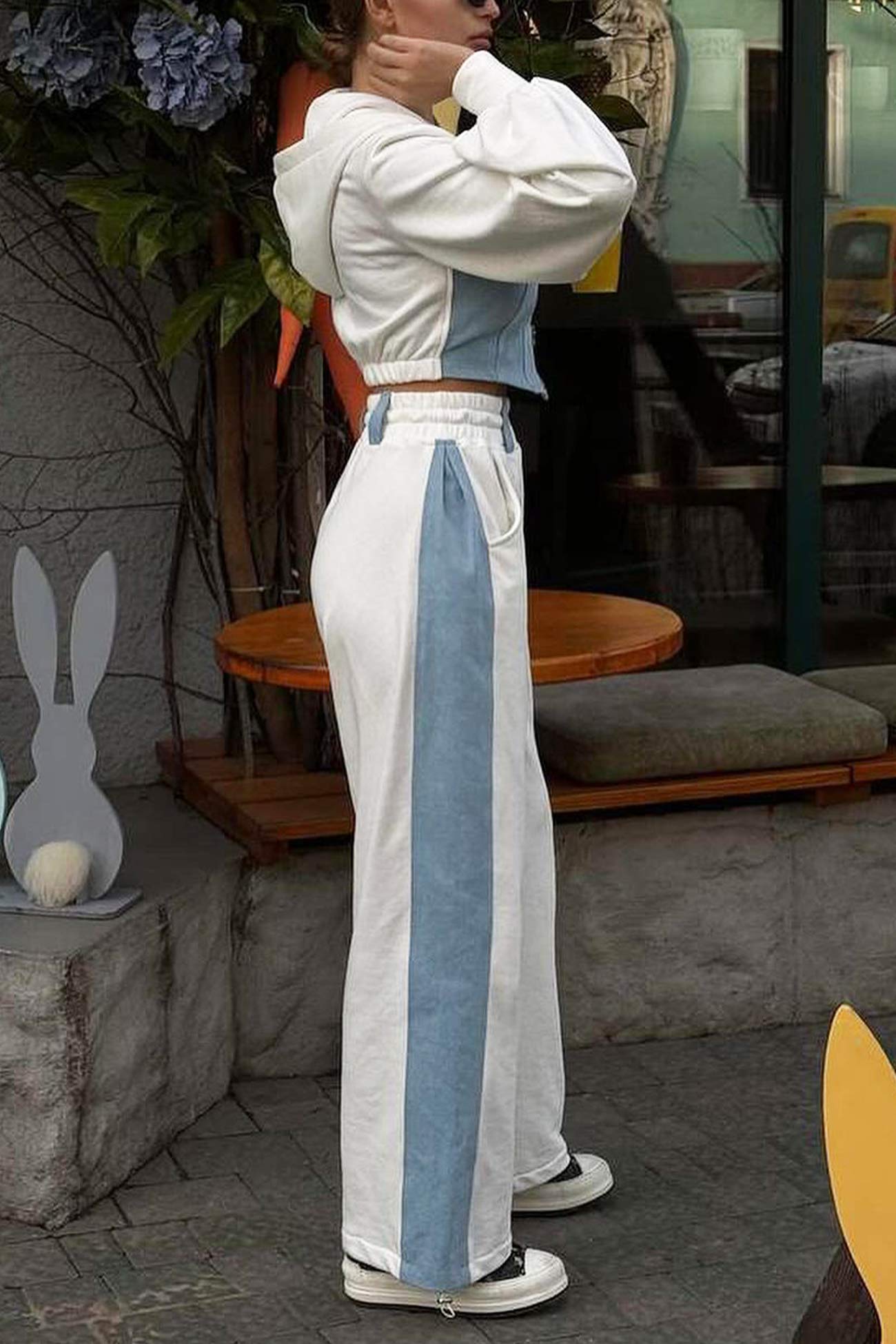 Maxct Patchwork Hooded Zipper Crop Top Pants Set