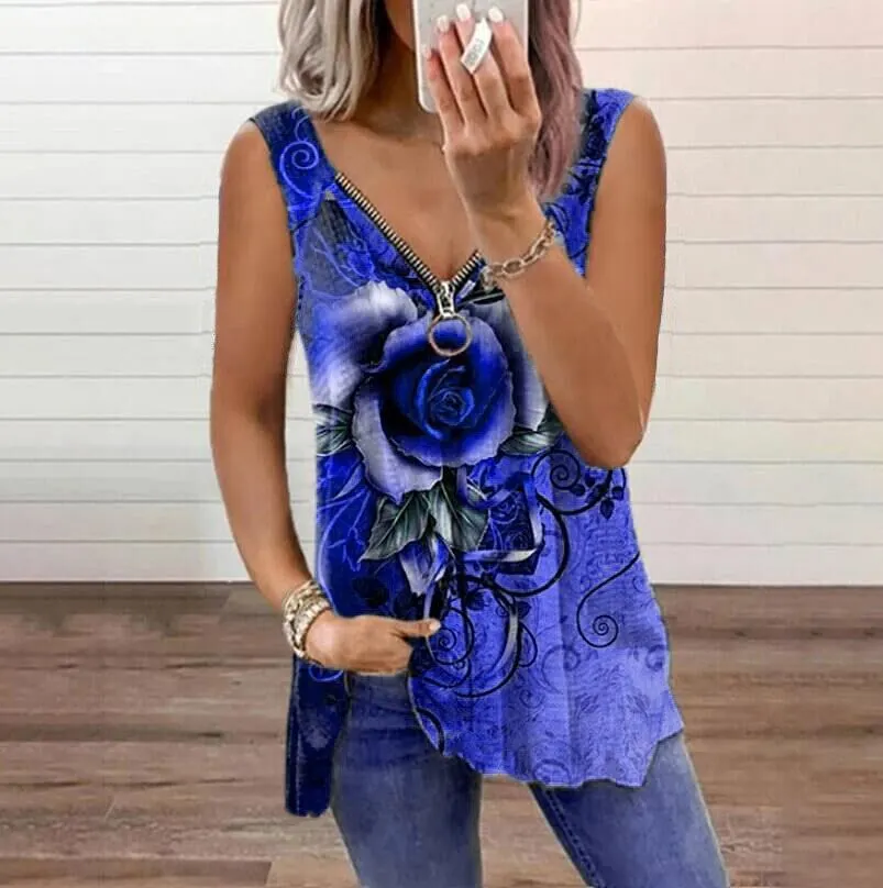 Maxct Women V Neck Zipper Sleeveless Top Summer Sexy Women Rose Printed T Shirt Fashion Loose Casual Plus Size Shirts F163