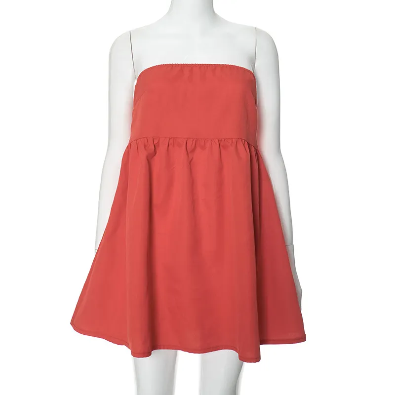 Elegant Solid Strapless Dress Women's Sleeveless Beach Vacation Short Dress Splice Off Shoulder Loose High Waist Clothing