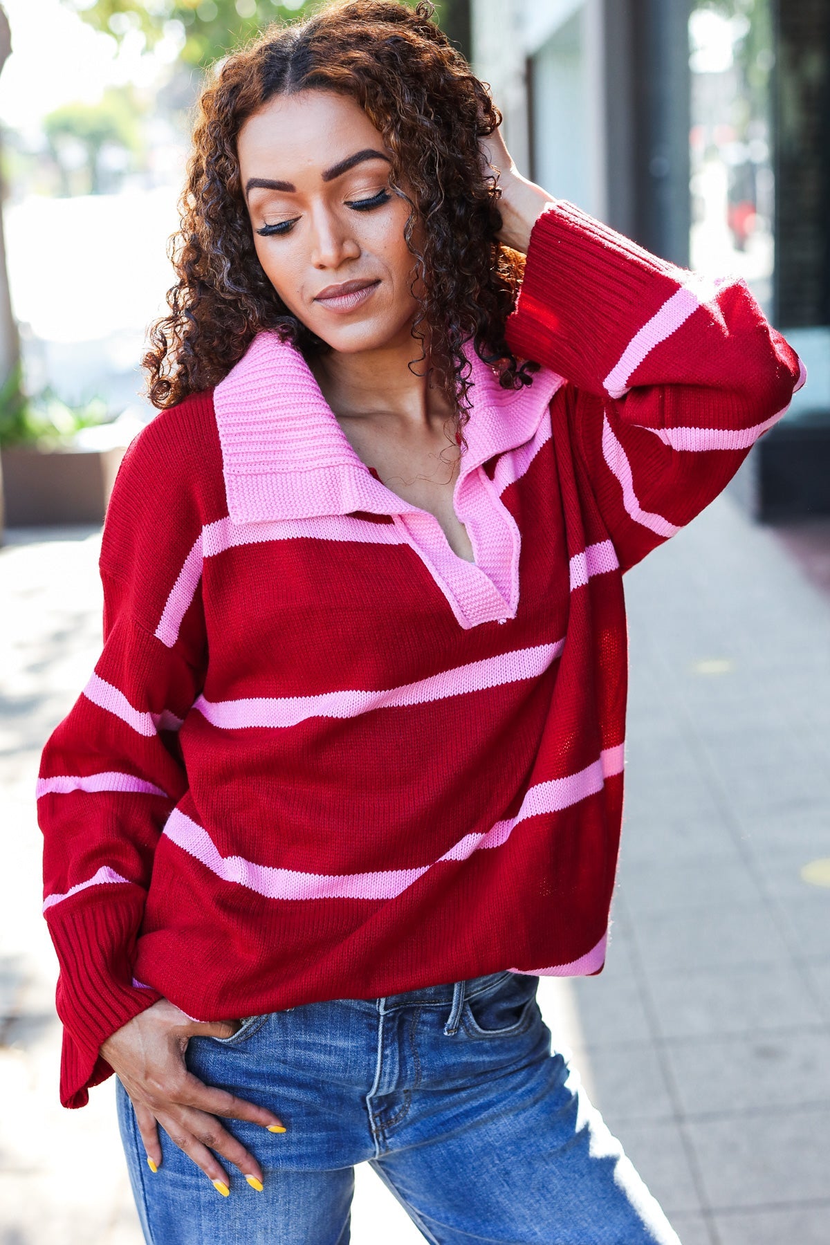 Maxct &Fall For You Crimson Stripe Notched Neck Collared Oversized Sweater