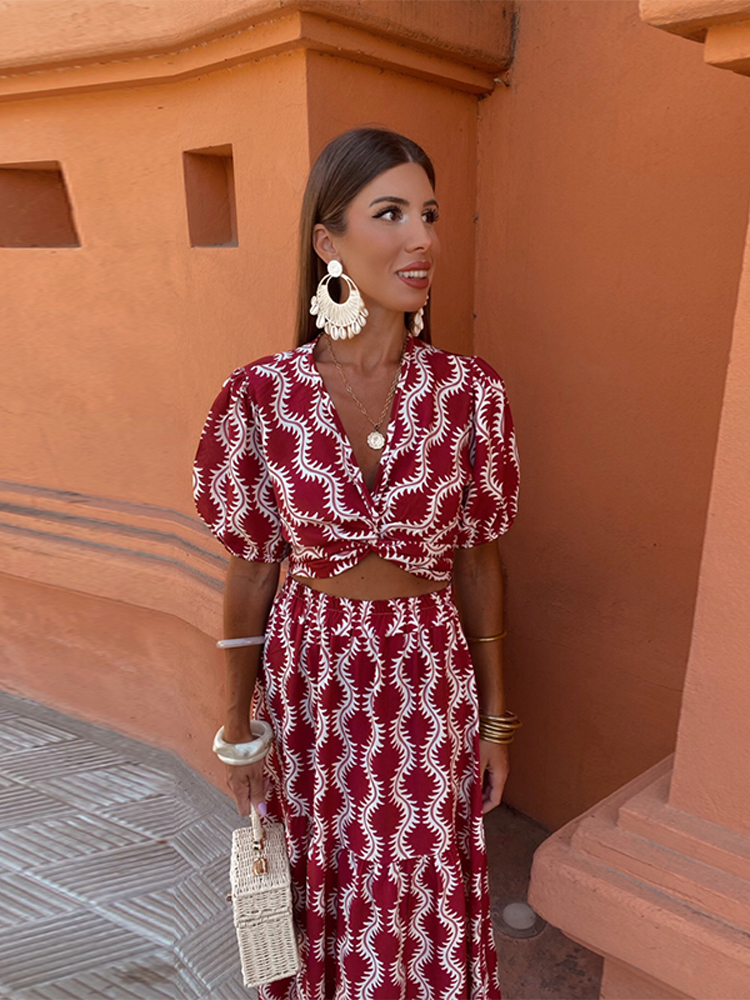 Women's Red Print Cutout Ruffle-Hem Maxi Dress