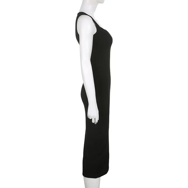 Basic Knit Long Dress Korean Square Collar Sleeveless Dresses Casual Y2k Vintage All-match Outftis