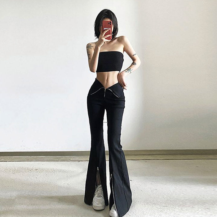 Grunge Zip Up Flared Pants Maxct