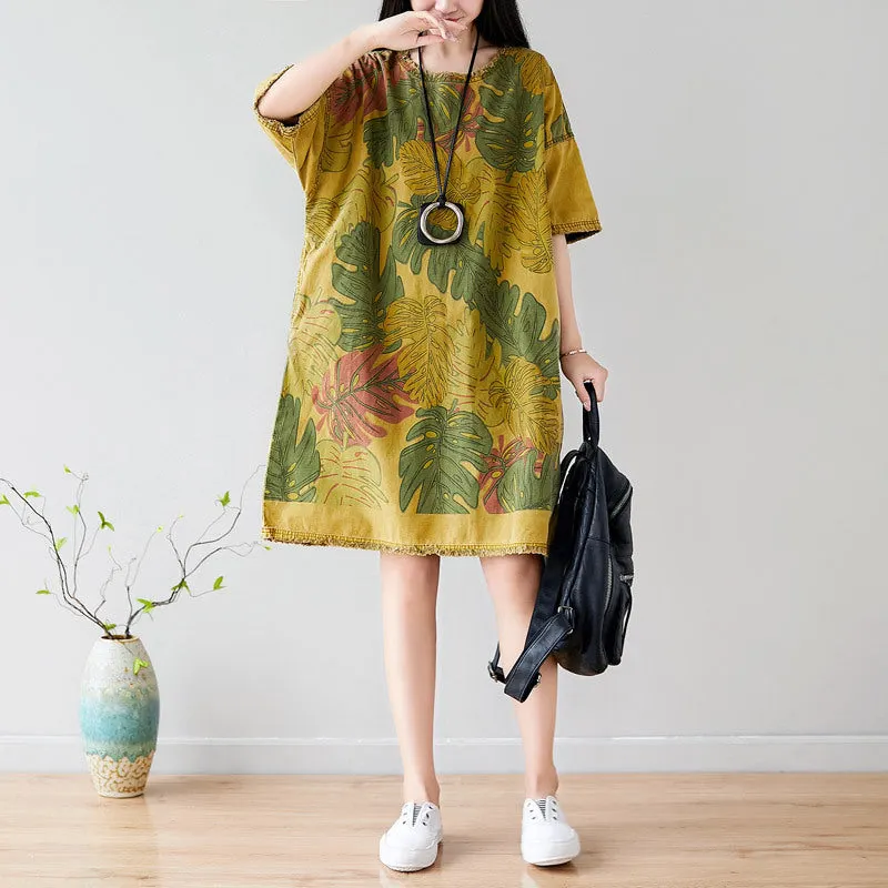 Summer Casual Floral Printed Cotton T-Shirt Dress