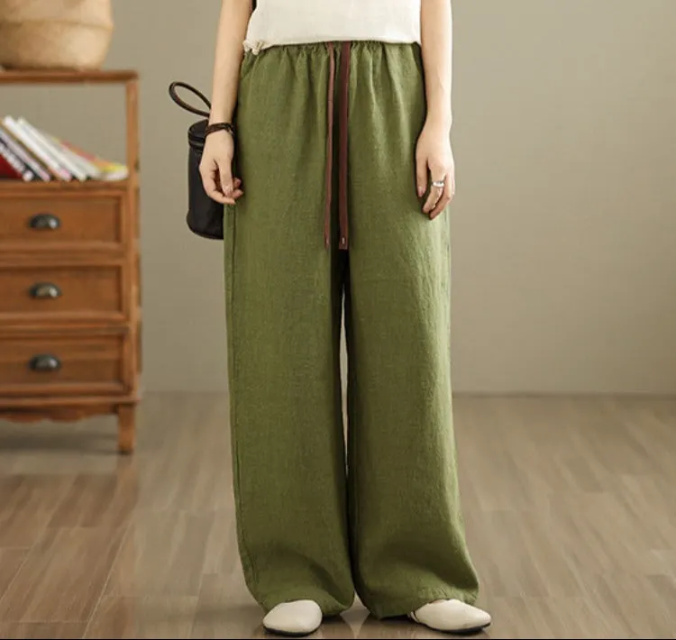 Retro Solid Color High Waist Comfy Linen Pants for Women