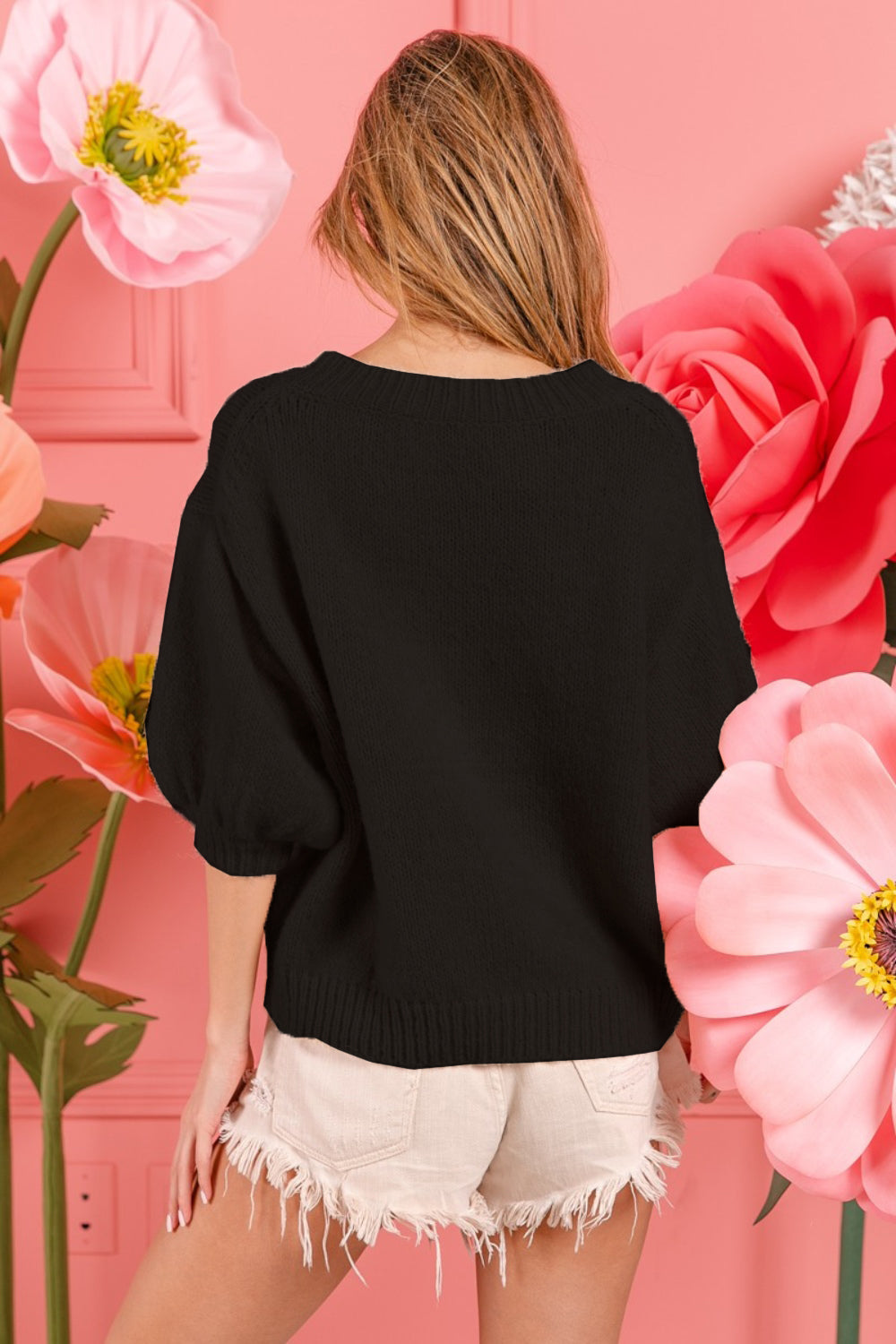 Maxct &BiBi Metallic Letter Puff Sleeve Hairy Sweater