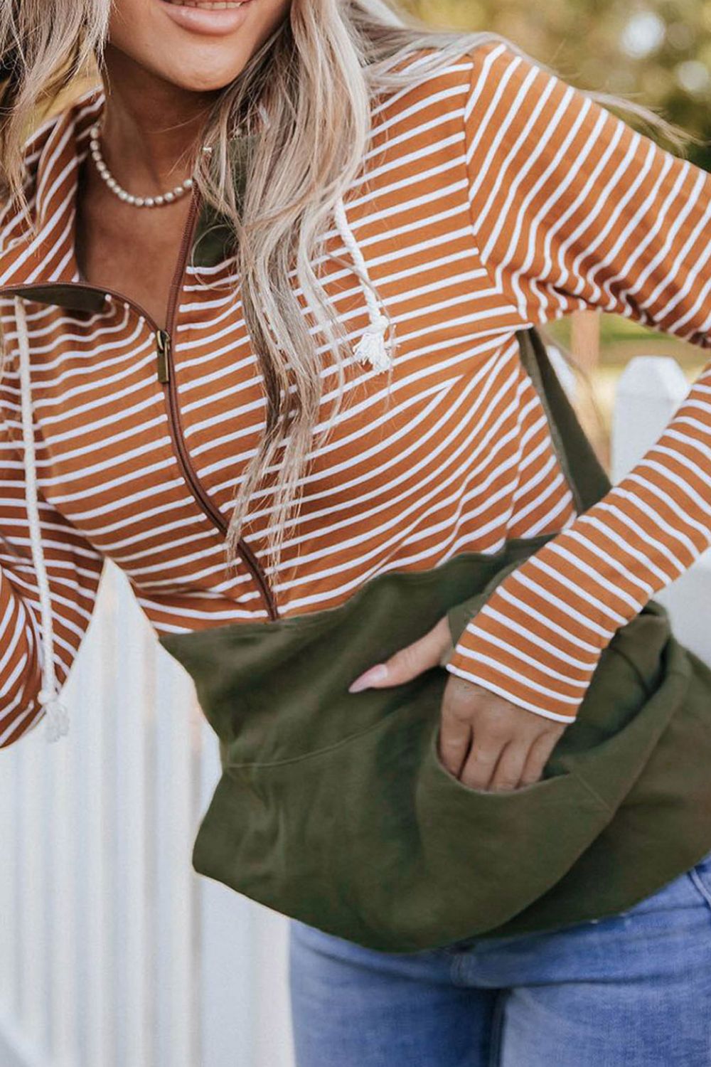 Maxct &Drawstring Stripe Half Zip Long Sleeve Hoodie