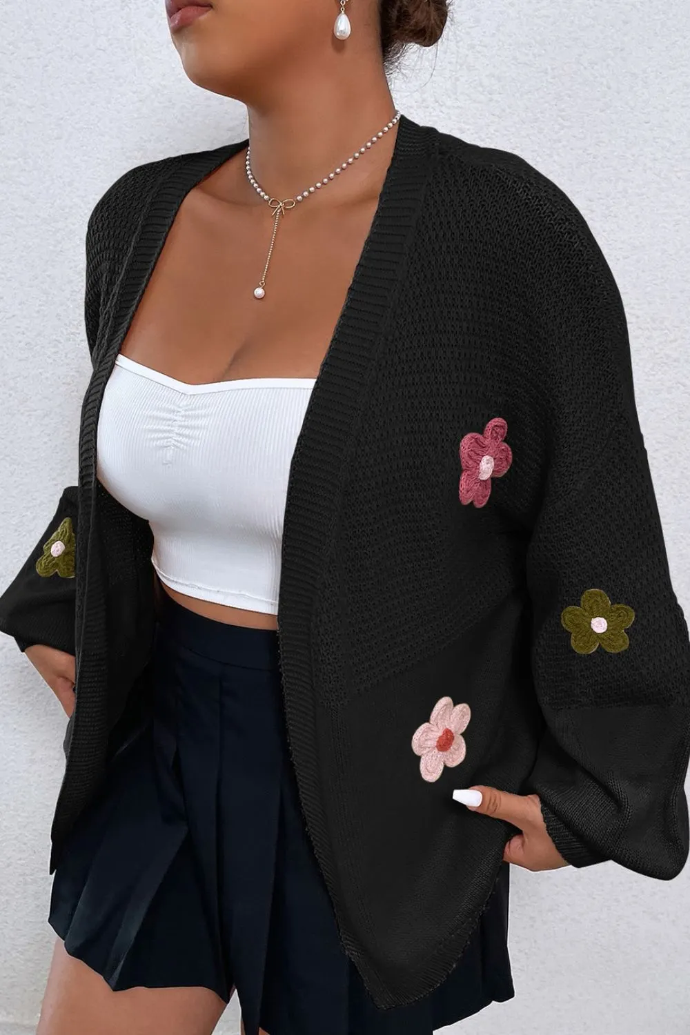 Maxct &Floral Applique Drop Shoulder Open Front Cardigan