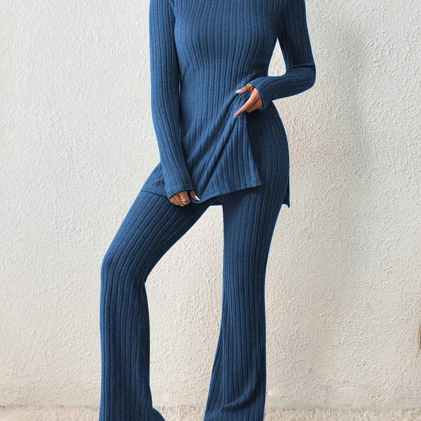 Maxct  Solid Textured Two-piece Set, Long Sleeve Slit Long Length Top & Skinny Pants Outfits, Women's Clothing