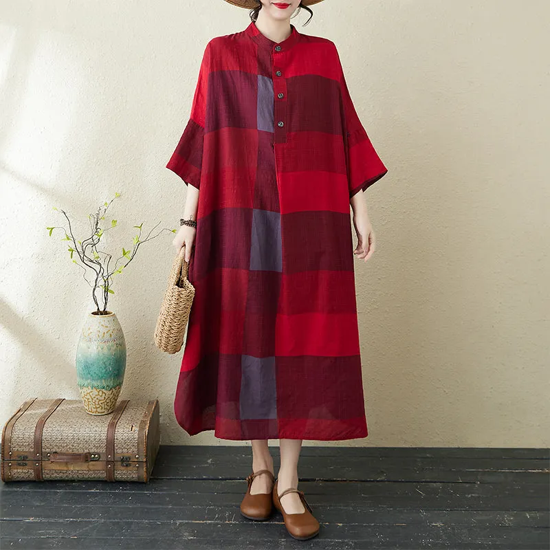 Women Spring Retro Loose Printed Buttoned Plus Size Dress