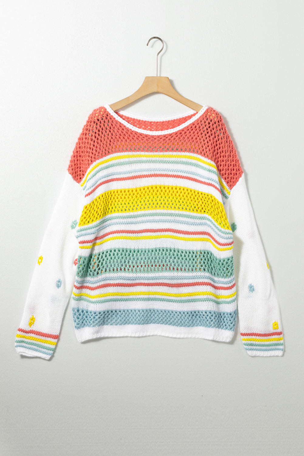 Maxct &Hollow Striped Color Block Round Neck Sweater