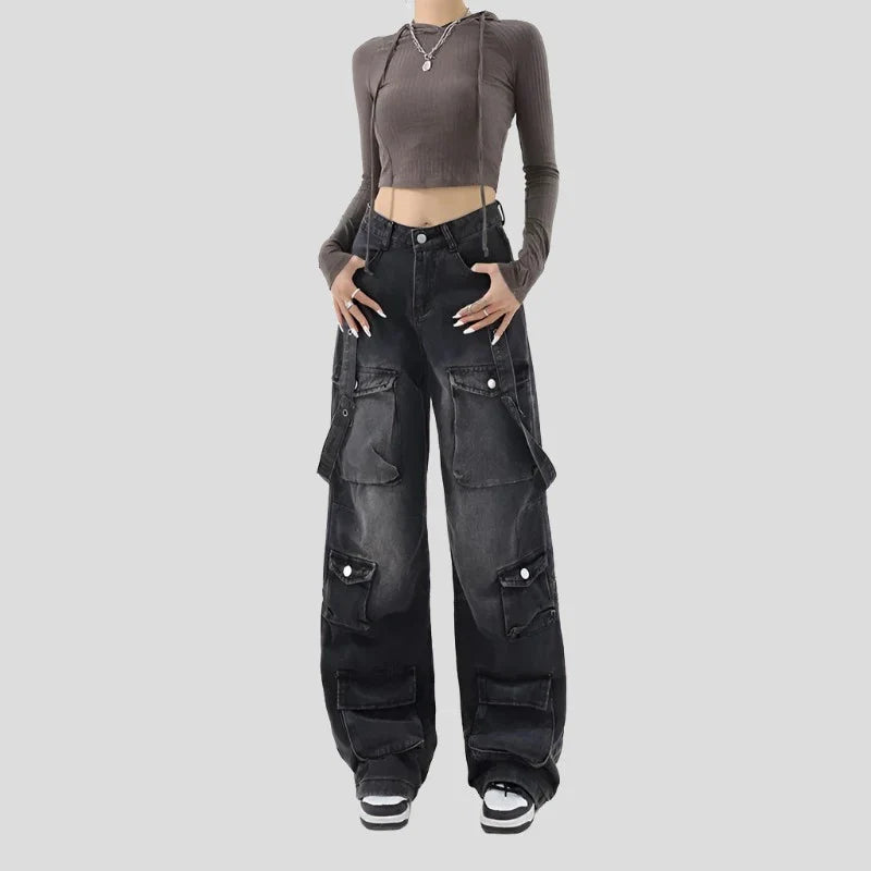 Emo Black Cargo Jeans for Women Maxct