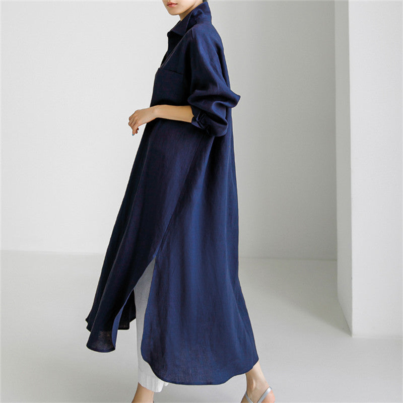 Women Spring Loose Mid-Length Slit Cotton Linen Shirt Dress