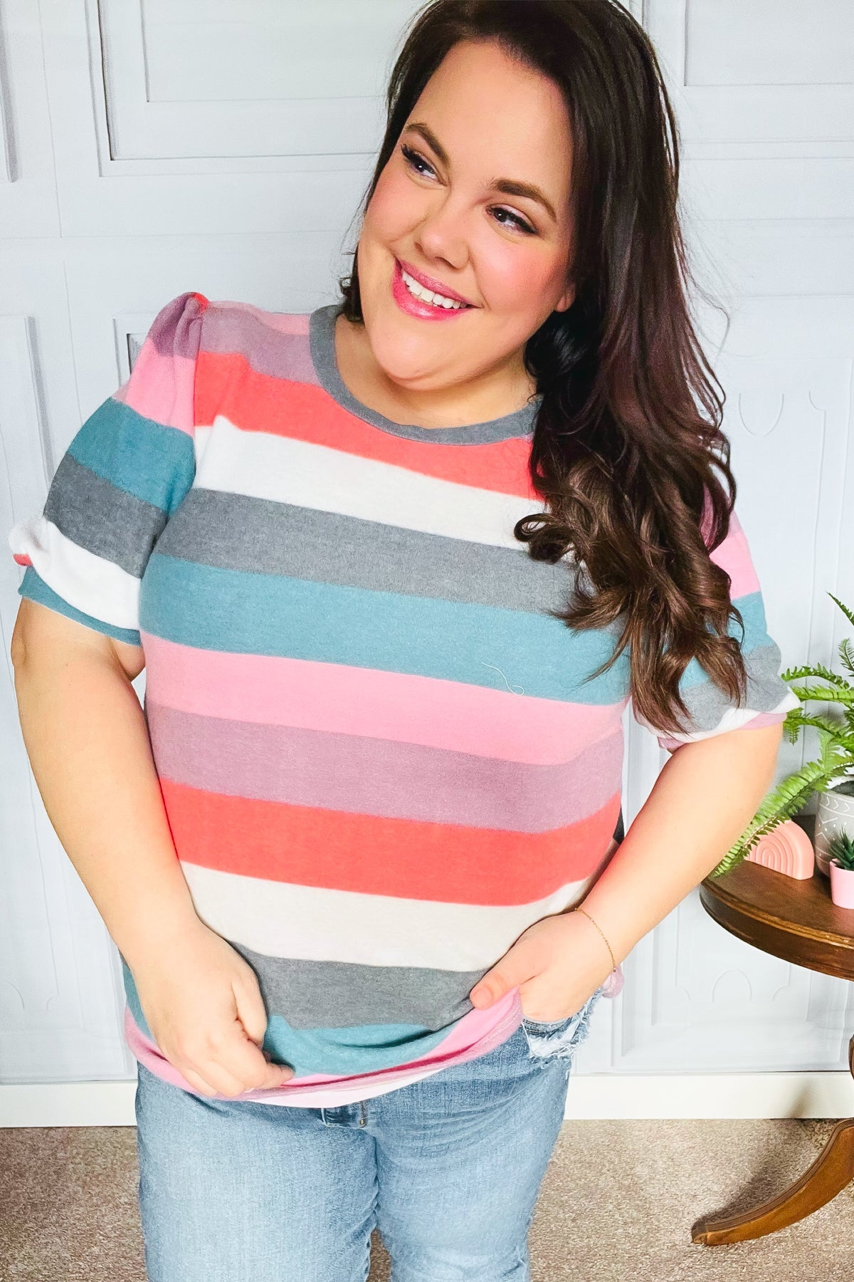 Maxct &Look Out Teal & Rose Striped Hacci Knit Puff Sleeve Top