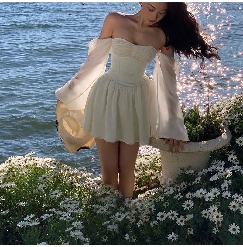 Voguable White Bubble Sleeve Dress Niche Design Pure Princess Skirt Girl Elegantes Party Prom Vintage Evening Y2k Maxct