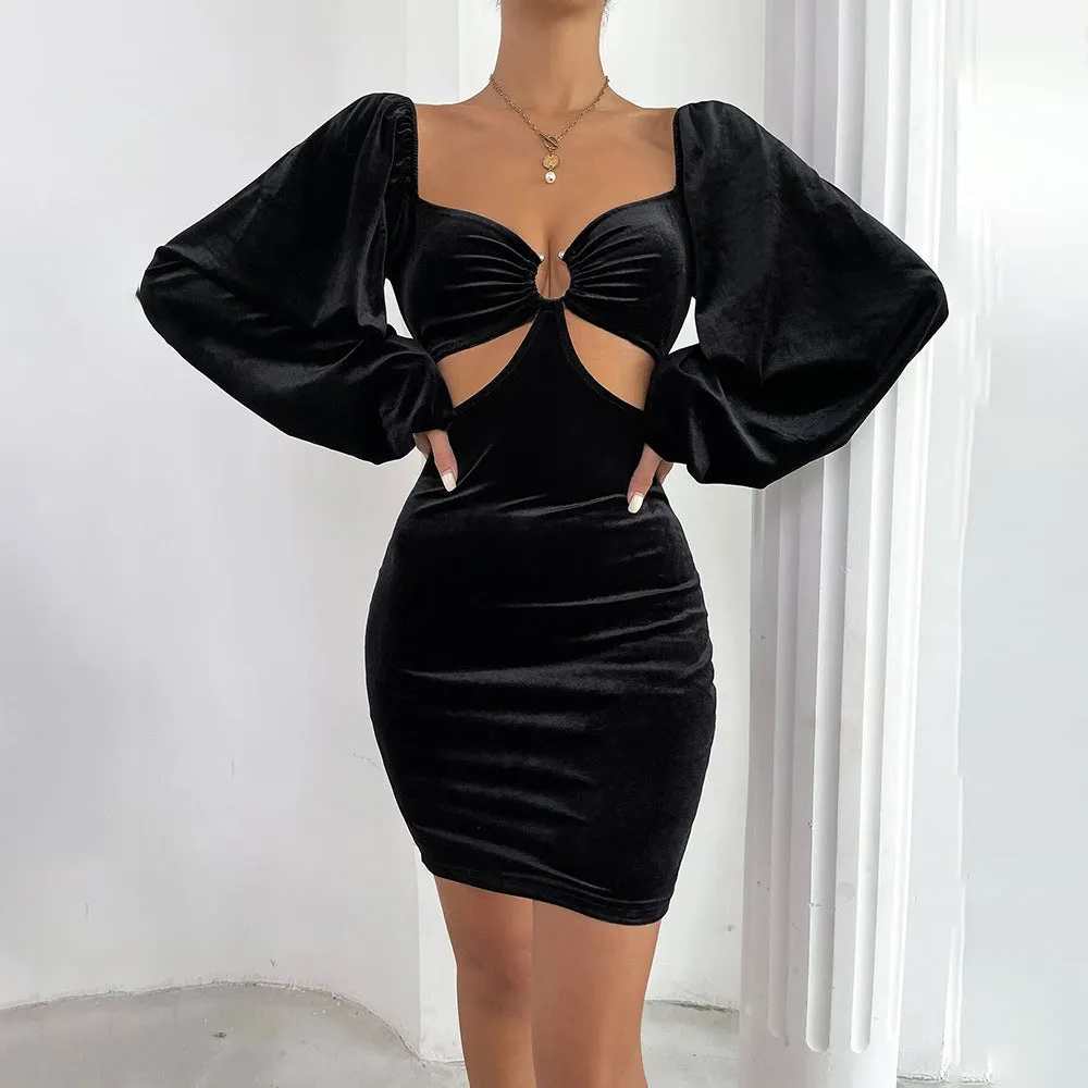 Vintage Puff Sleeve Square Neck Velvet Party Mini Dress - Black Maxct