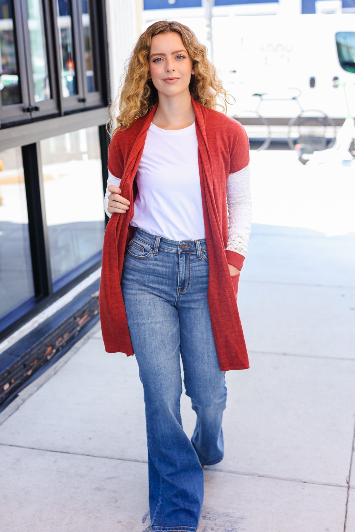 Maxct &Casual Days Rust Lace Sleeve Front Pocket Hacci Cardigan