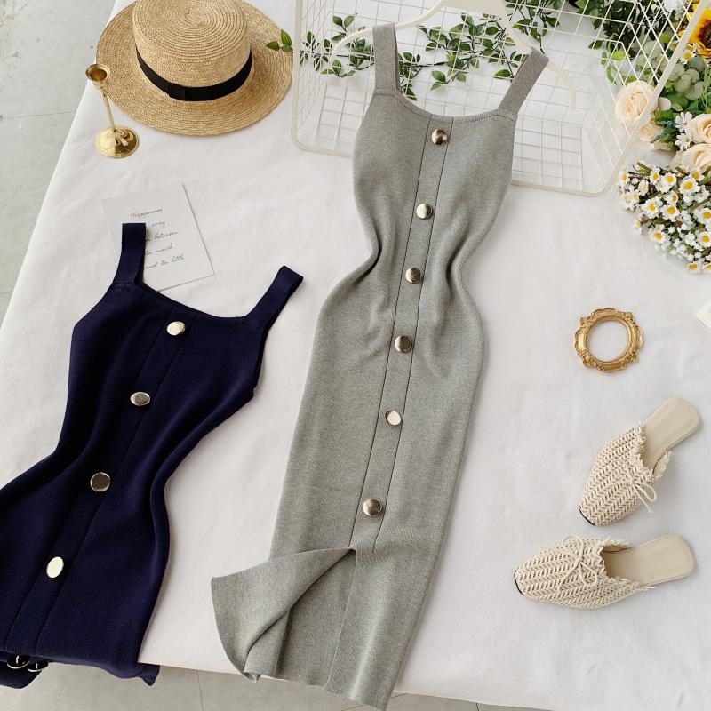 Summer Pink/Red/White/Black Women Knitted Dress Vintage High Waist Button Single-breasted Slim Casual Dress For Female New