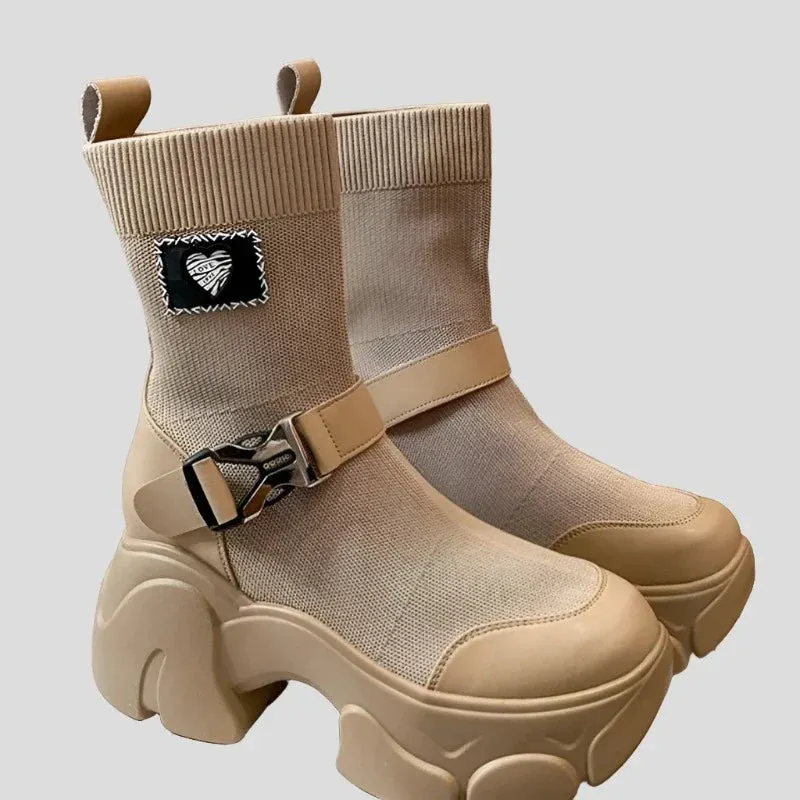 Platform Knitted Slip on Boots for Women Maxct