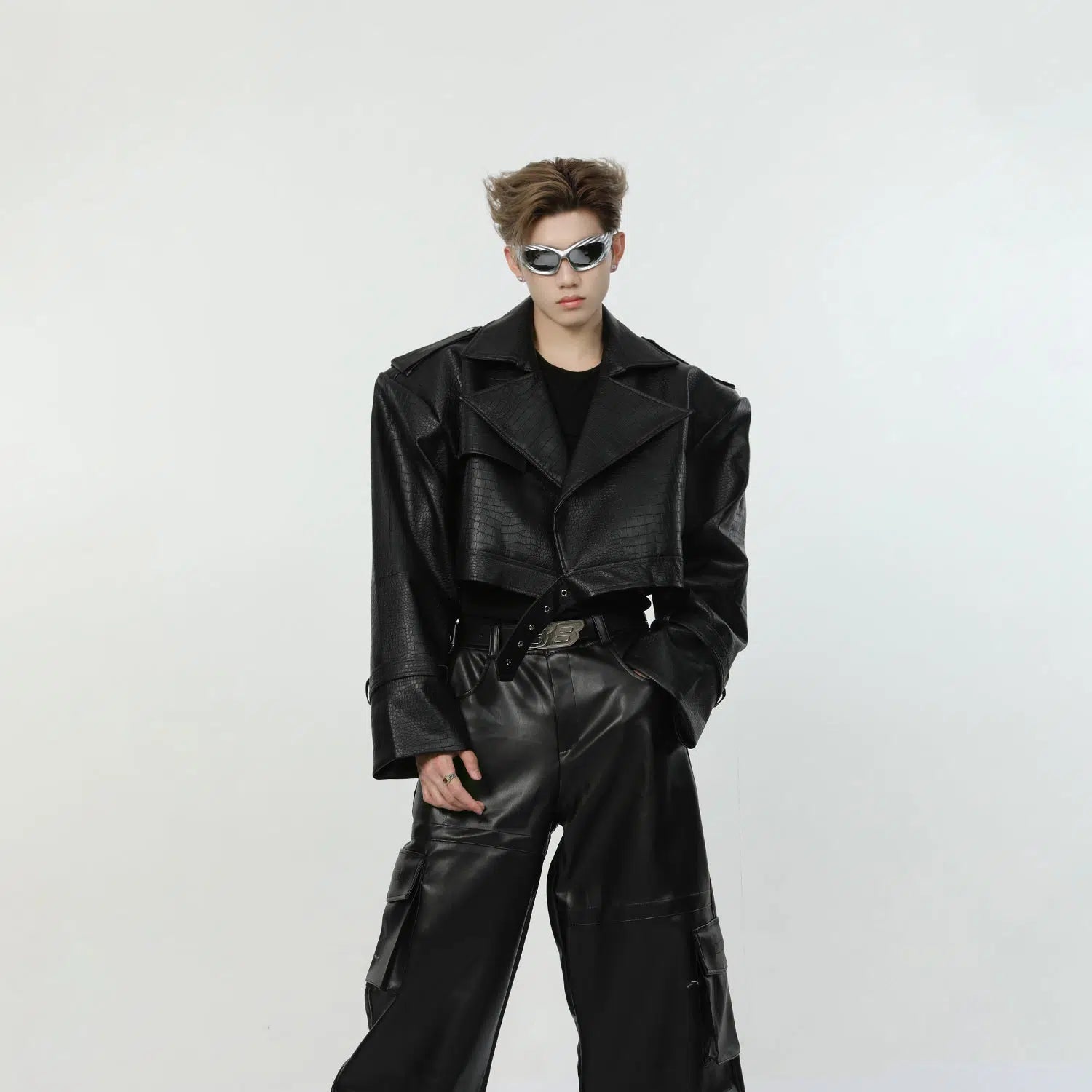 Maxct Short Crocodile Print Leather Jacket