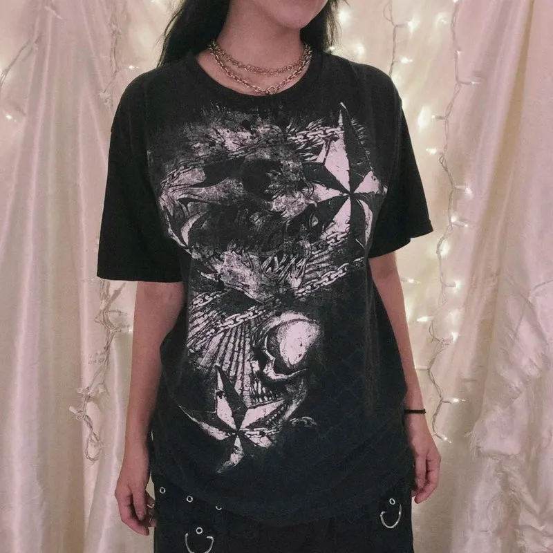 Maxct Y2K Vintage Cyber Graphic T-shirt Halloween Retro Grunge Star Print Pullovers Tops Japanese Style Emo Short Sleeve Baggy Tees