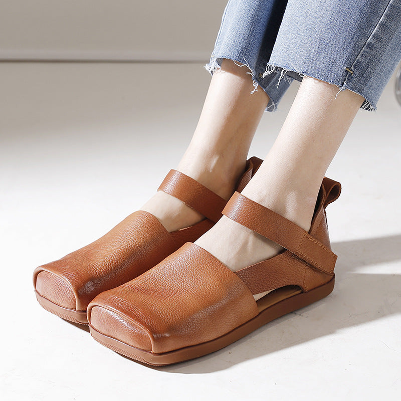 Versatile Leather Square Toe Flat Shoes Maxct