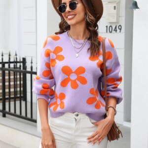 Maxct &Floral Print Round Neck Dropped Shoulder Pullover Sweater