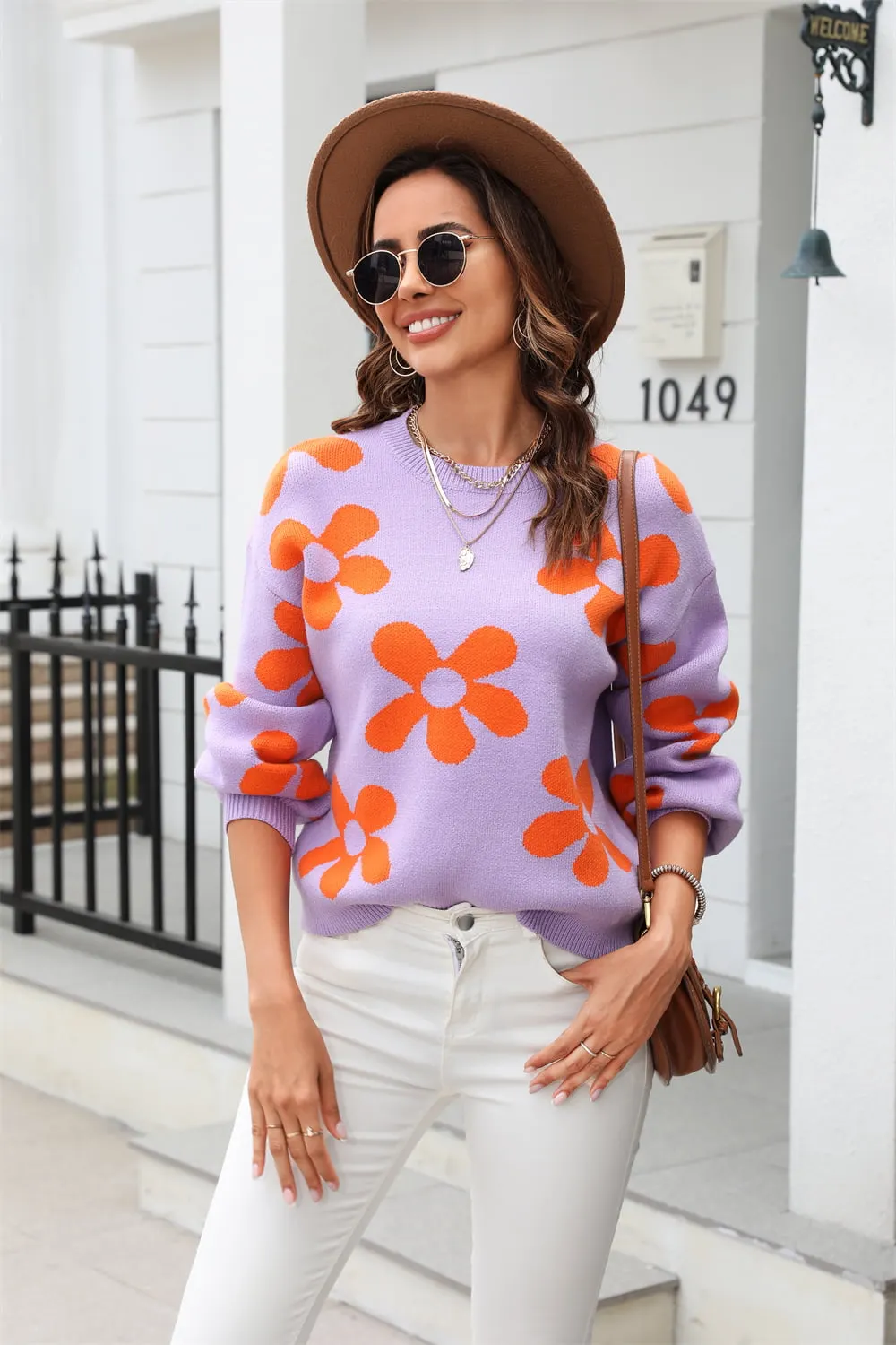 Maxct &Floral Print Round Neck Dropped Shoulder Pullover Sweater