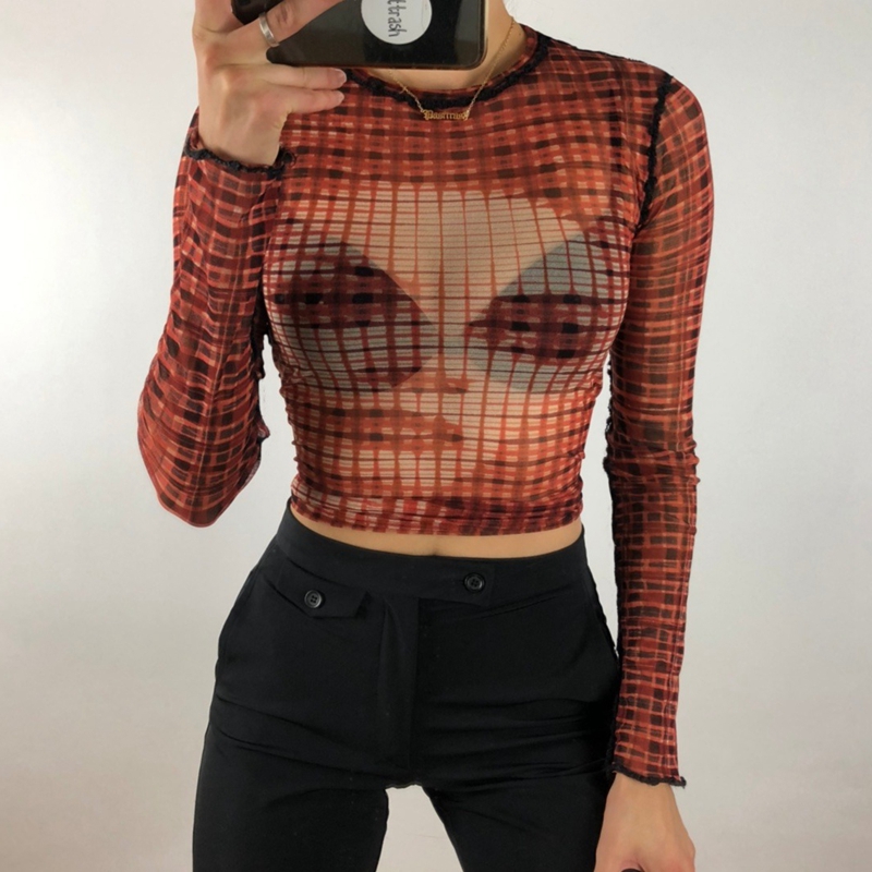Gothic Black Pachtwork Mesh Sheer T-shirt Graphic 90s Vintage Women Long Sleeve Slim Fit Crop Top Harajuku Streetwear