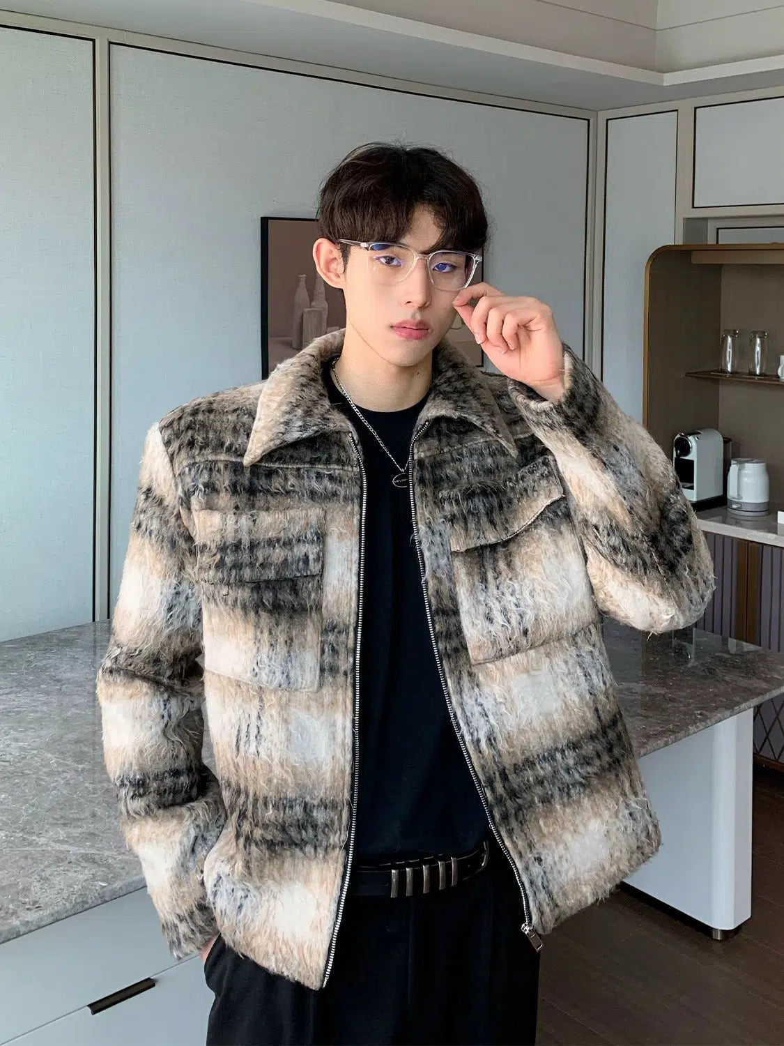 Maxct Checked Wool Jacket with Shoulder Pads