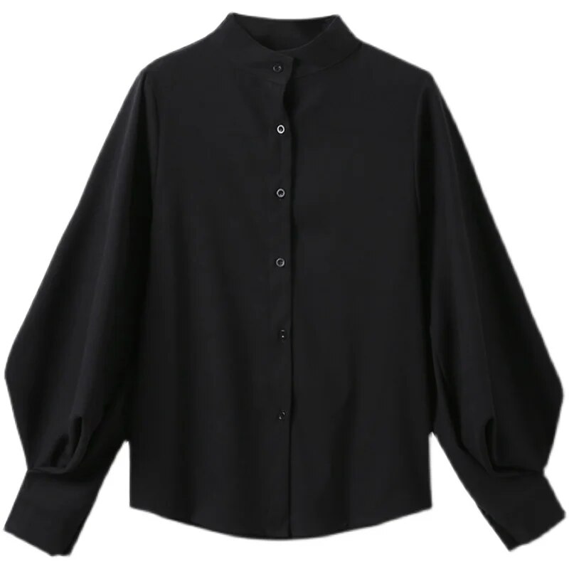 Maxct Lantern Sleeve Blouse Women Spring Fashion Single Breasted Stand Collar Shirts Female Office Work Blouse Solid White Tops