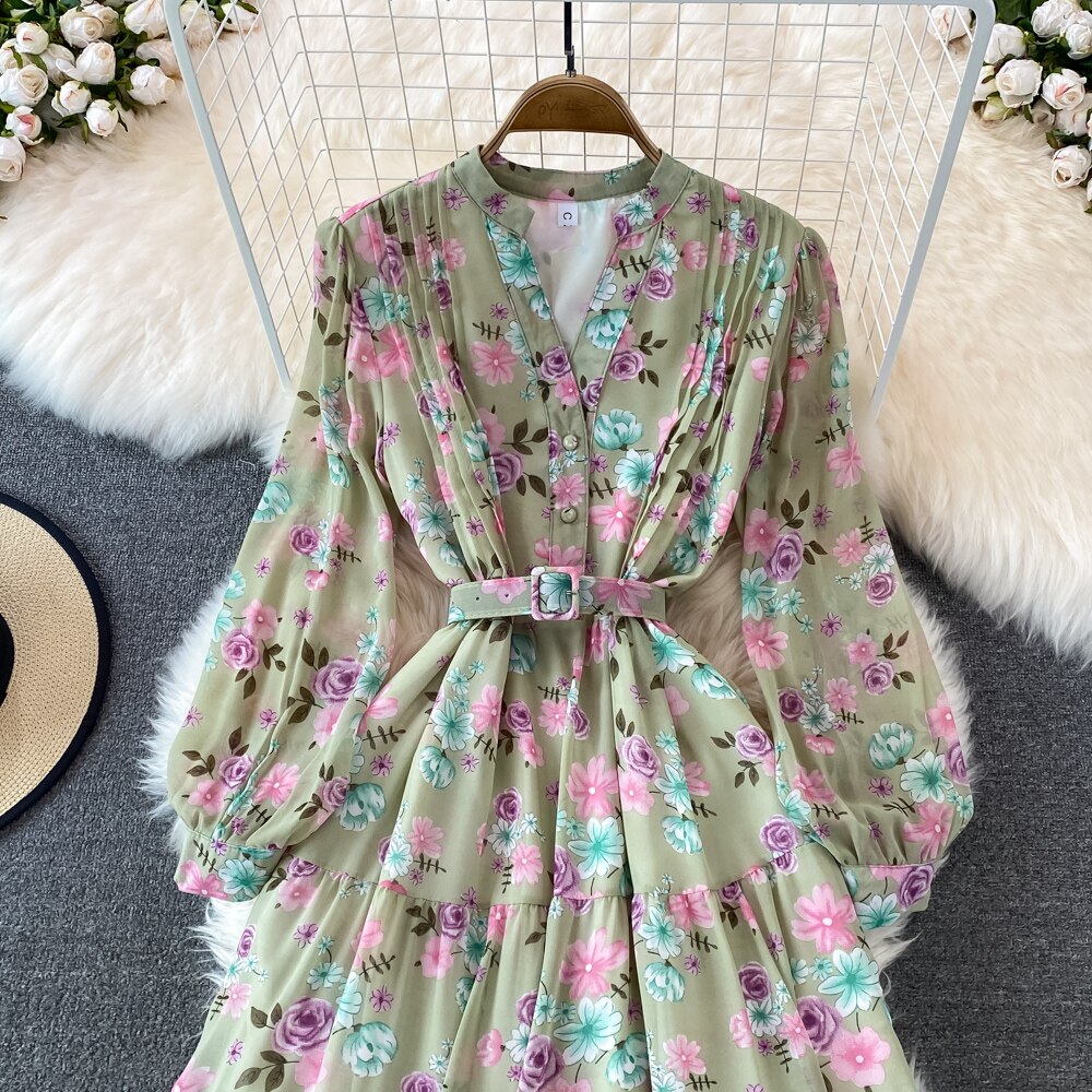 Floral Midi Dress Women Elegant V-Neck Lantern Long Sleeve High Waist Draped A-Line Casual Vestidos Female Spring Autumn