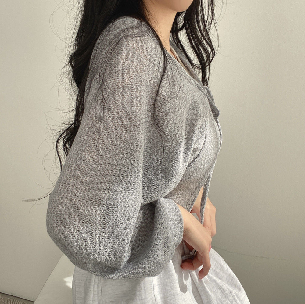 Thin White Cardigan Bandage Lantern Sleeve Short Coat Pull Femme Knitwear Top Girl Cardigan Korean Style Casual T Shirt