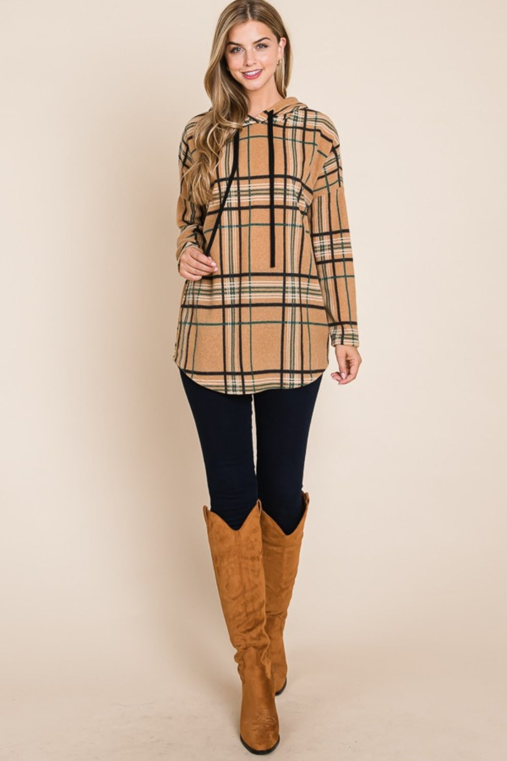 Maxct &BOMBOM Drawstring Plaid Long Sleeve Hoodie