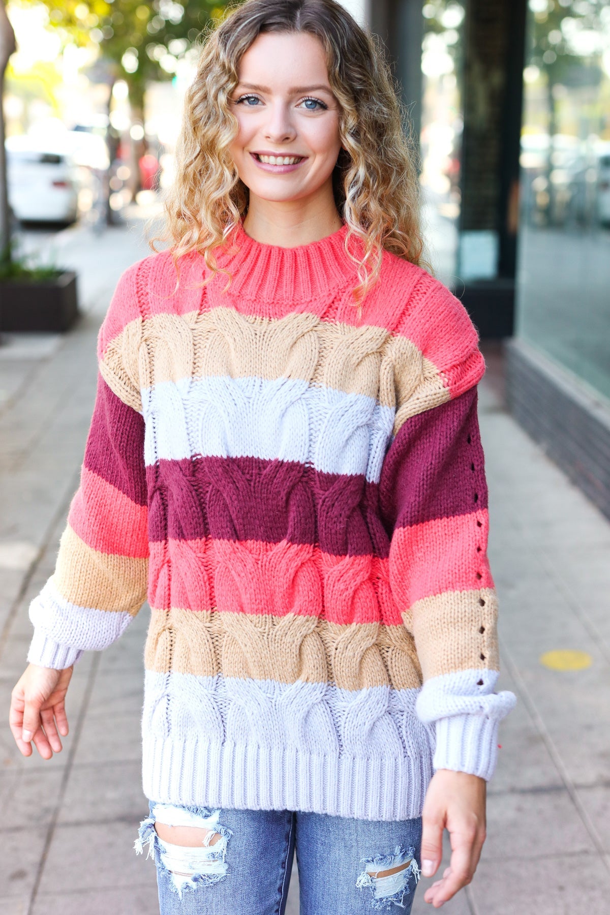 Maxct &Fall For You Rust Multicolor Stripe Cable Knit Mock Neck Sweater