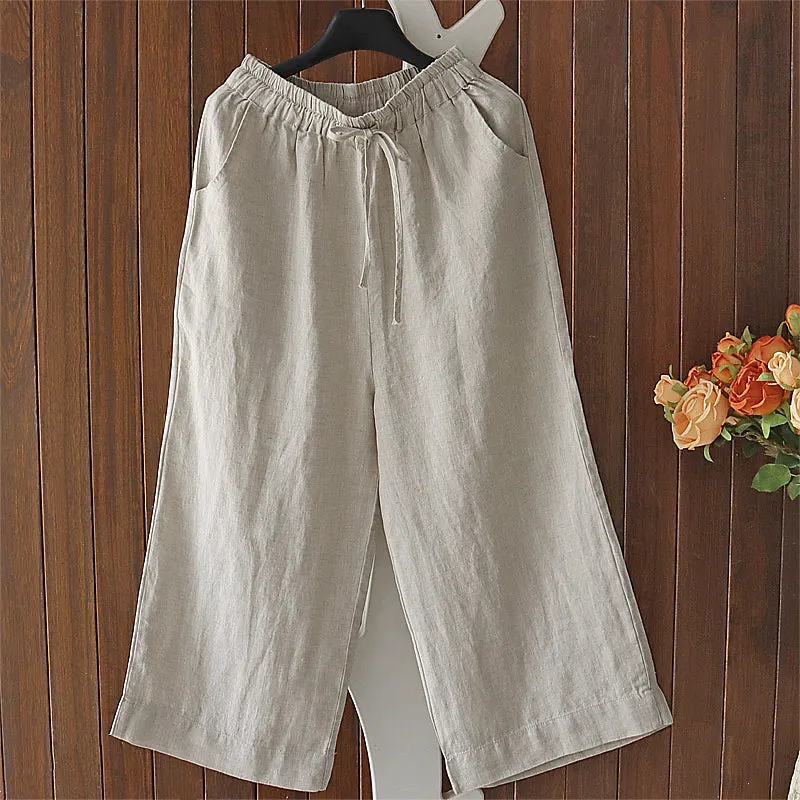 Maxct Women Spring Retro Solid Color Cotton Linen Pants