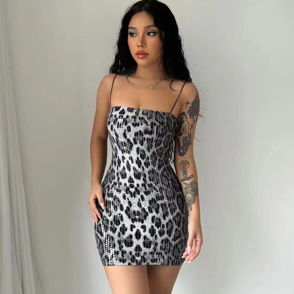 Leopard Print Spaghetti Shoulder Strap Square Collar Mini Dress Sparkly Sequins Party Club Y2K Clothes