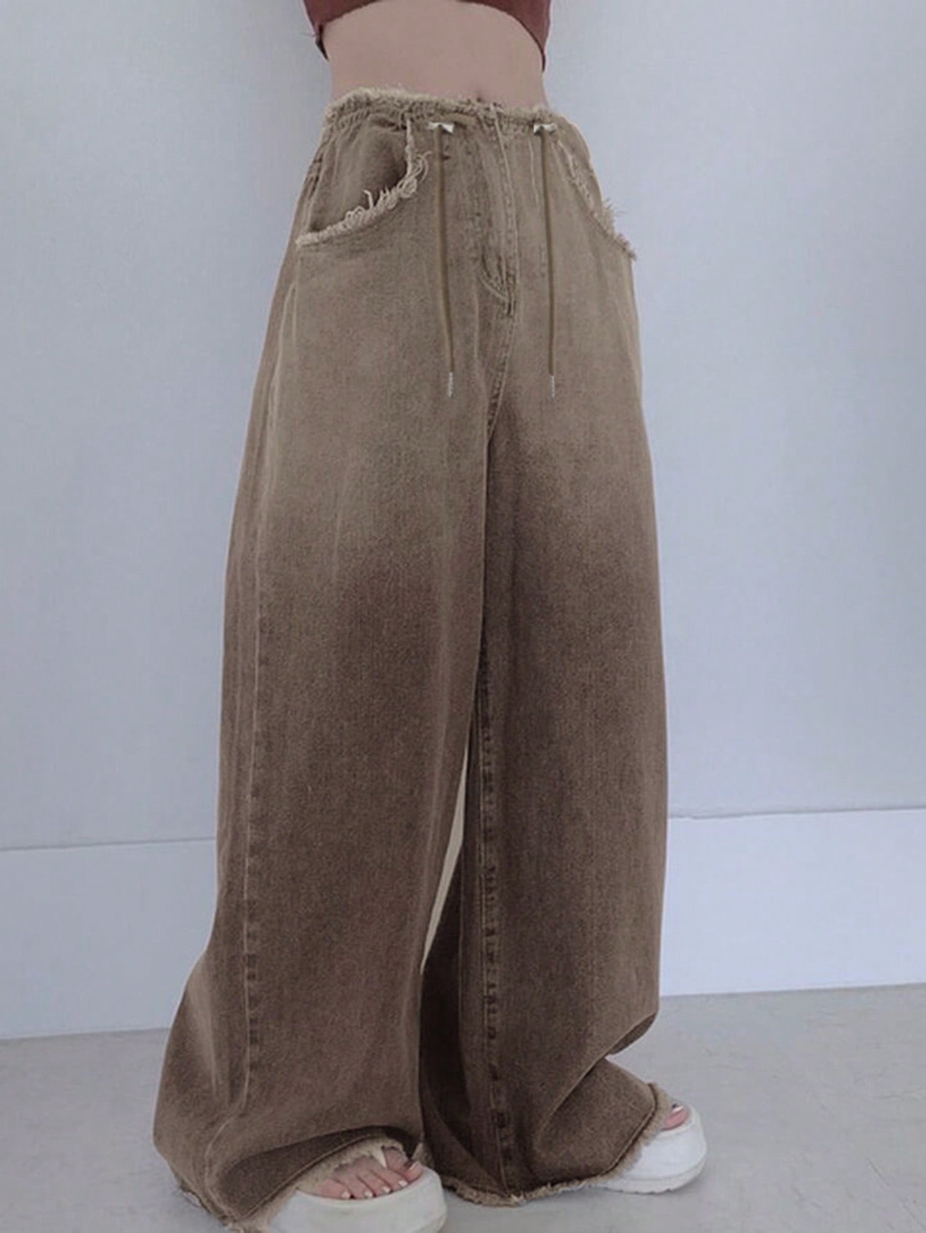 Maxct Women Frayed Bleached Wide Leg Denim Pants With Drawstring